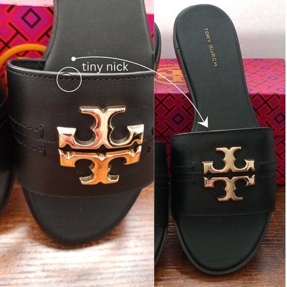TORY BURCH EVERLY BLACK LEATHER HARDWARE LOGO W/BOX DUSTBAG SANDALS SLIDES 8 - Picture 7 of 9